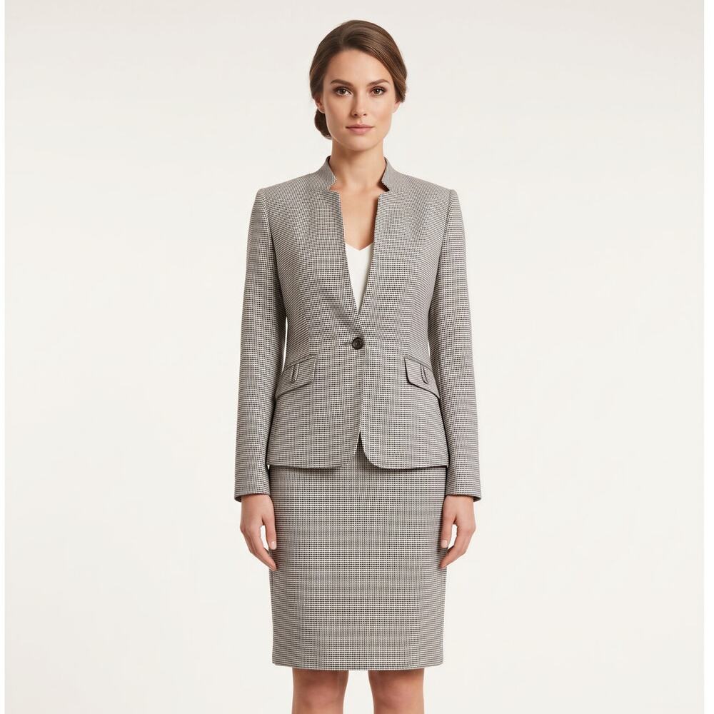 Tahari ASL Skirt Suit 4 Beige Houndstooth Glen Blazer Pencil Skirt Set Workwear